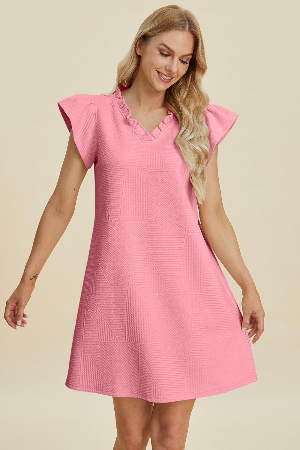 Double Take Full Size Ruffled V-Neck Cap Sleeve Dress - ClubOn
