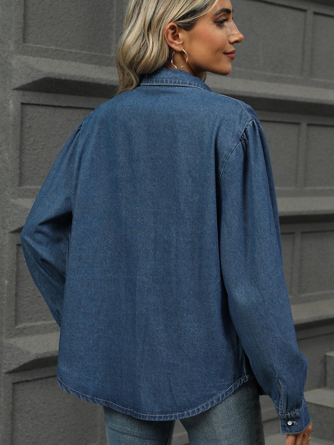 Button Down Collared Neck Long Sleeve Denim Top - ClubOn