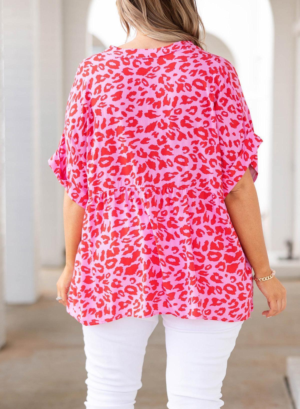 Plus Size Printed Notched Neck Half Sleeve Top - ClubOn