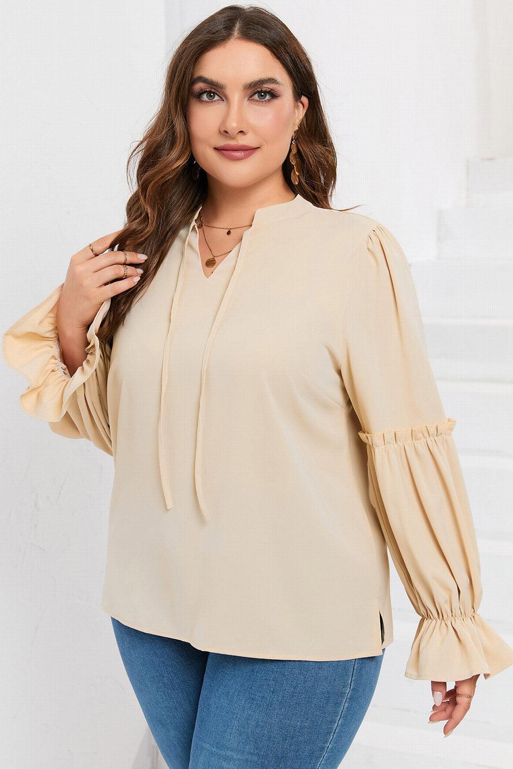 Plus Size Ruffled Tie Neck Flounce Sleeve Blouse - ClubOn