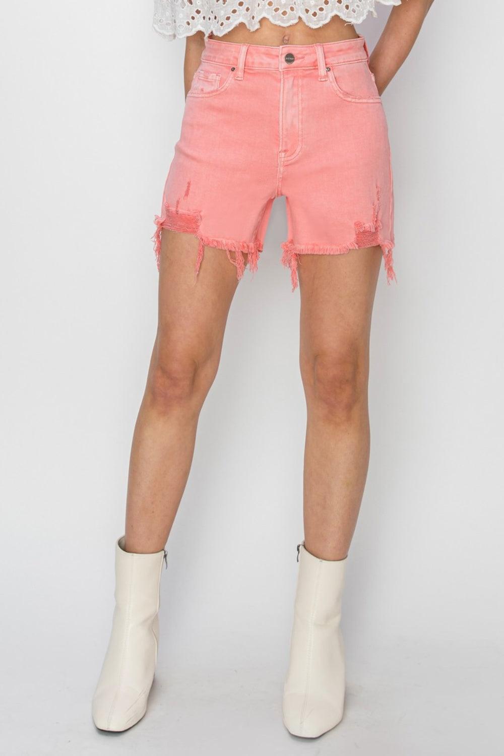 RISEN High Rise Distressed Denim Shorts - ClubOn