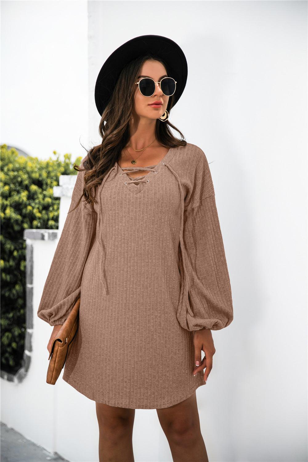 Balloon Sleeve Crisscross Detail Knit Dress - ClubOn