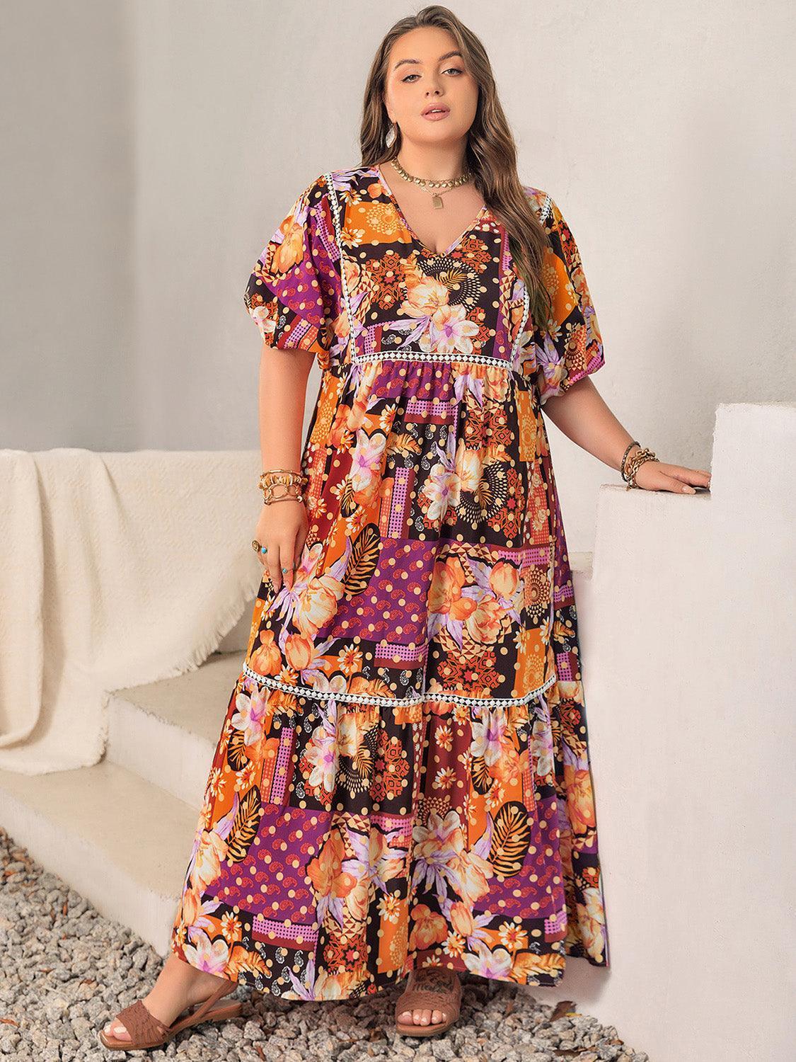 Plus Size Printed V-Neck Half Sleeve Maxi Dress - ClubOn