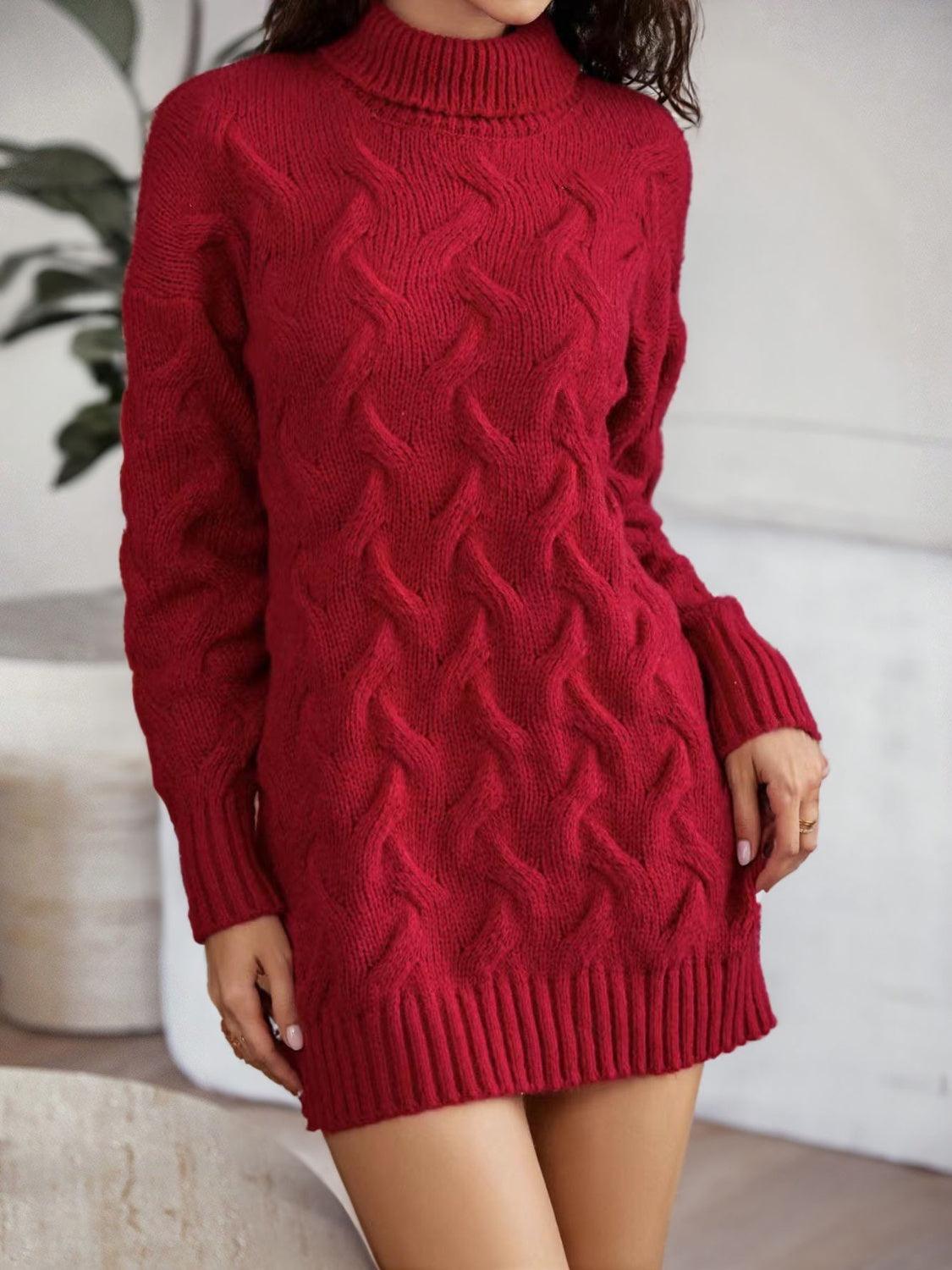 Cable-Knit Turtleneck Sweater Dress - ClubOn