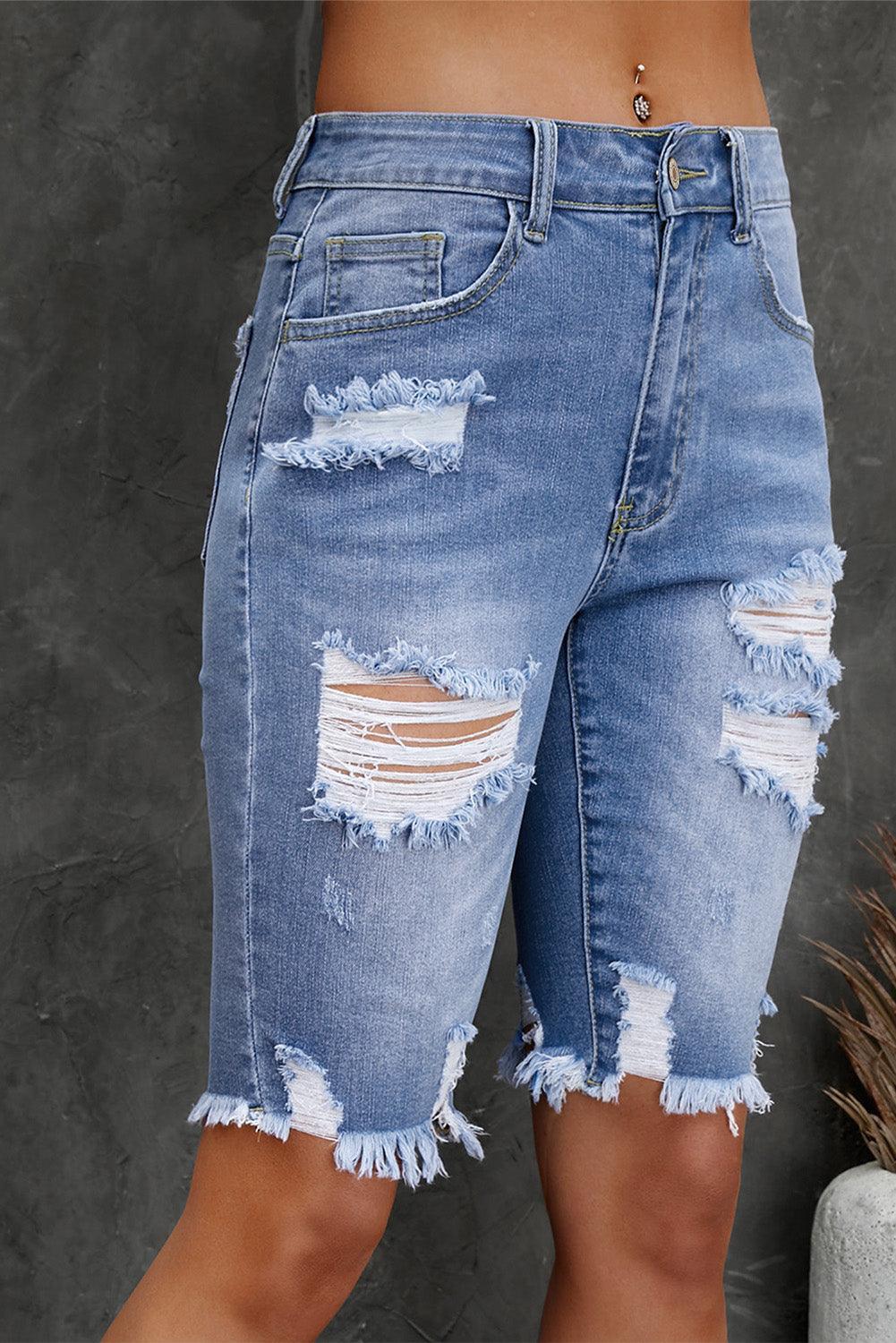 Distressed Frayed Hem Denim Bermuda Shorts - ClubOn