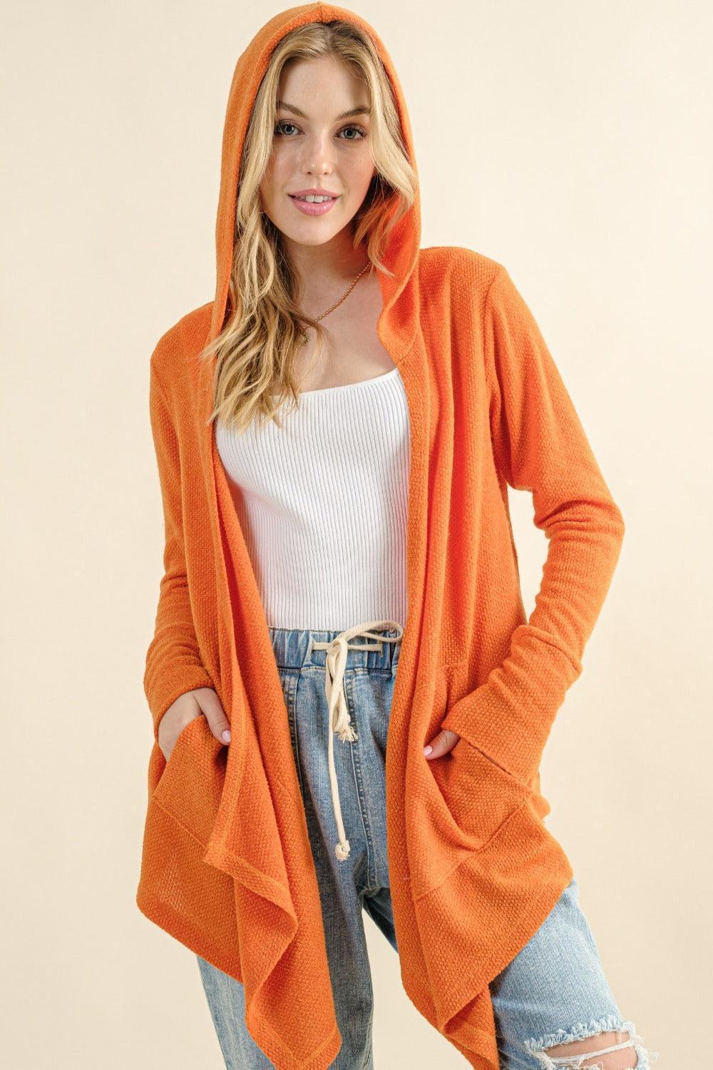 And The Why Full Size Thermal Hooded Open Front Cardigan with Pockets - ClubOn