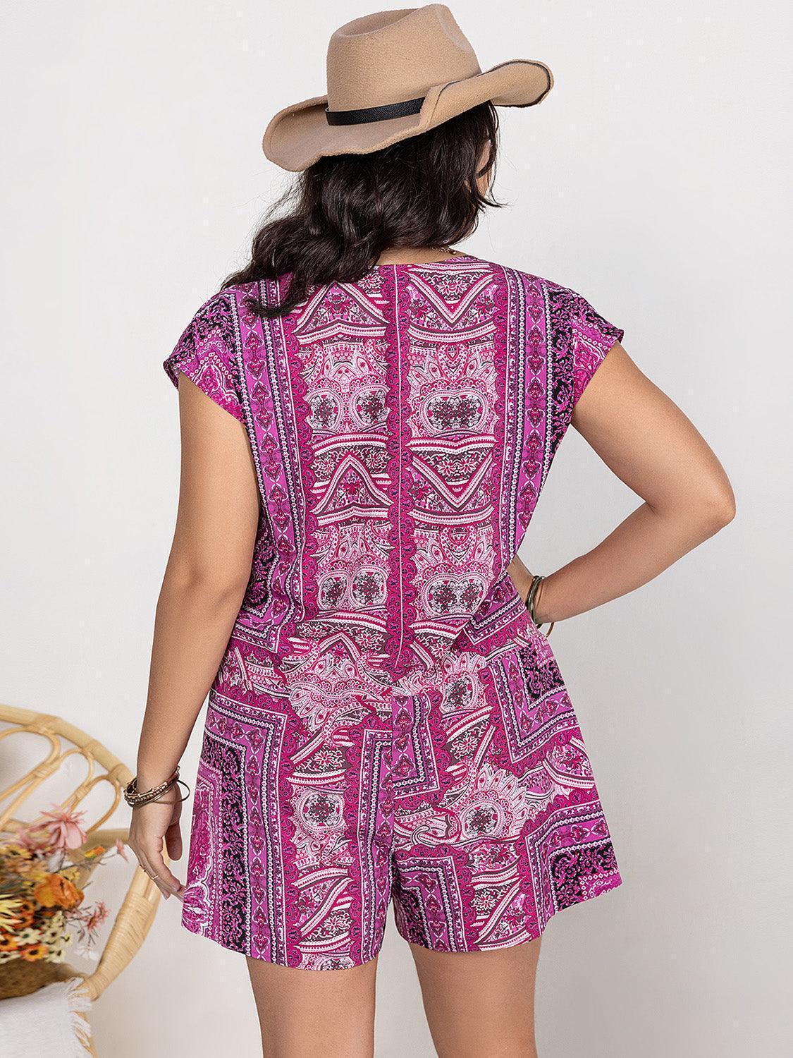 Plus Size Printed V-Neck Cap Sleeve Romper - ClubOn