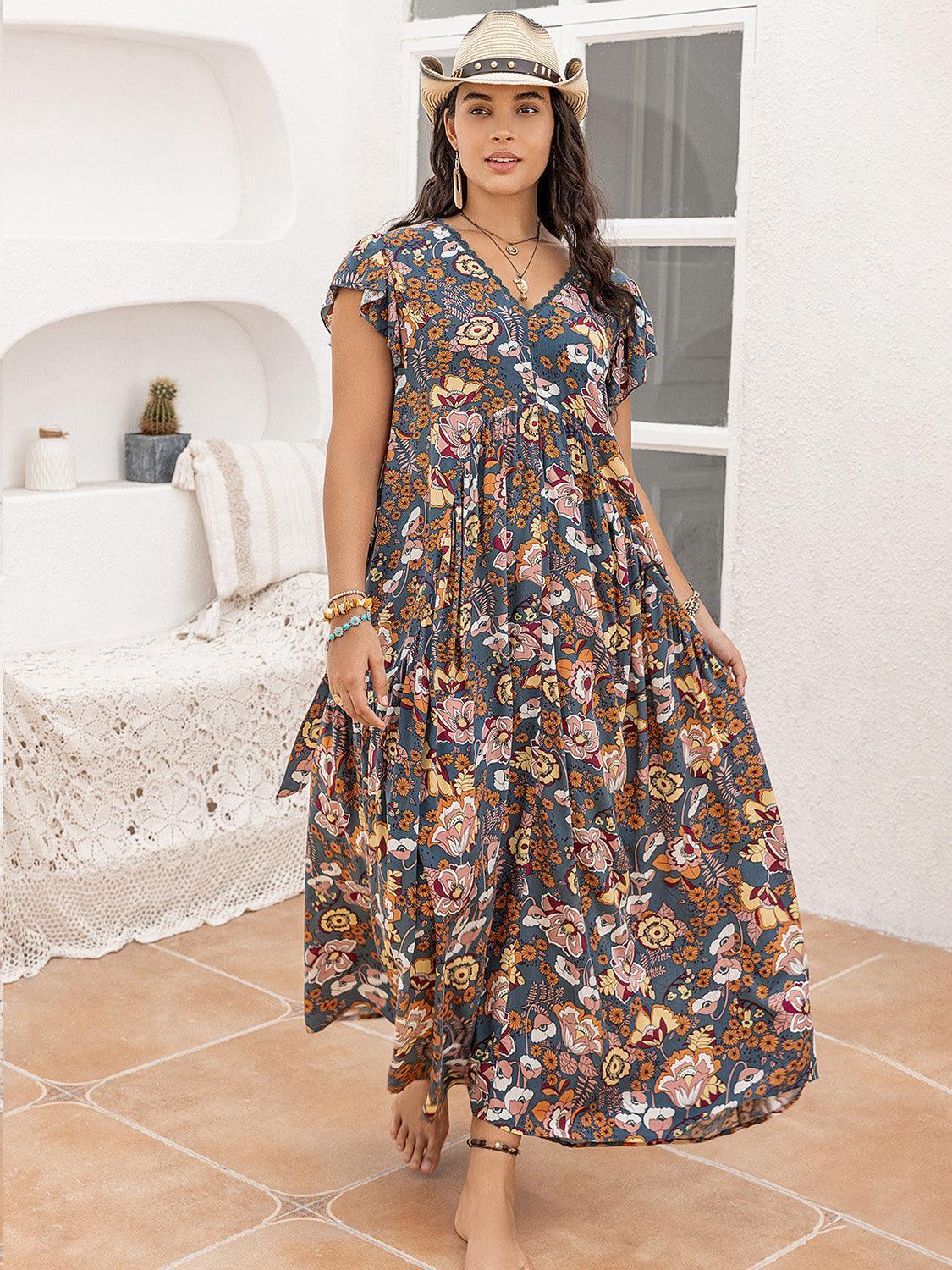 Plus Size Ruffled Printed Cap Sleeve Dress - ClubOn