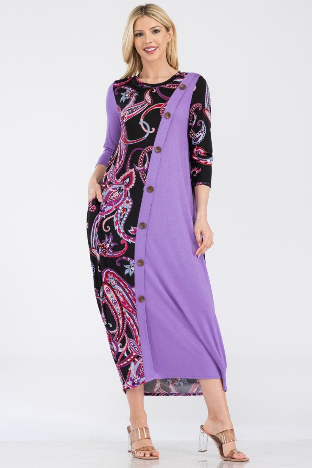 Celeste Full Size Paisley Contrast Midi Dress with Pockets - ClubOn