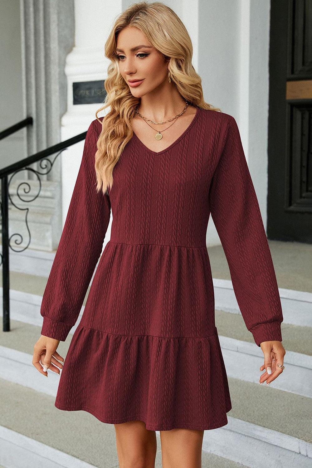 V-Neck Long Sleeve Mini Dress - ClubOn