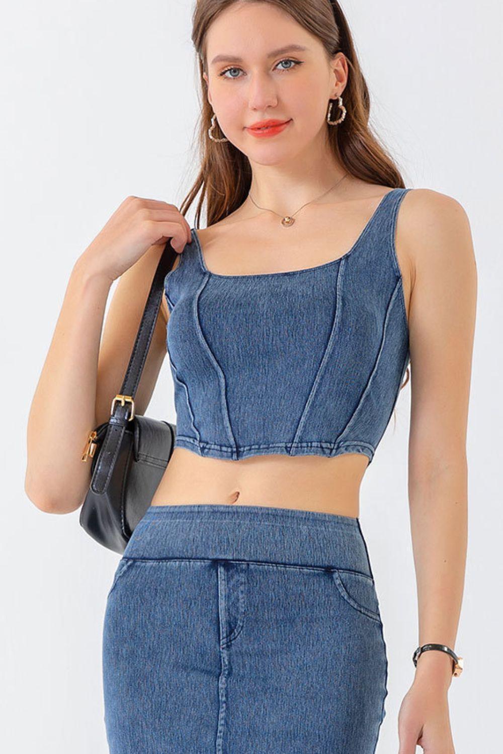 Seam Detail Cropped Denim Tank - ClubOn