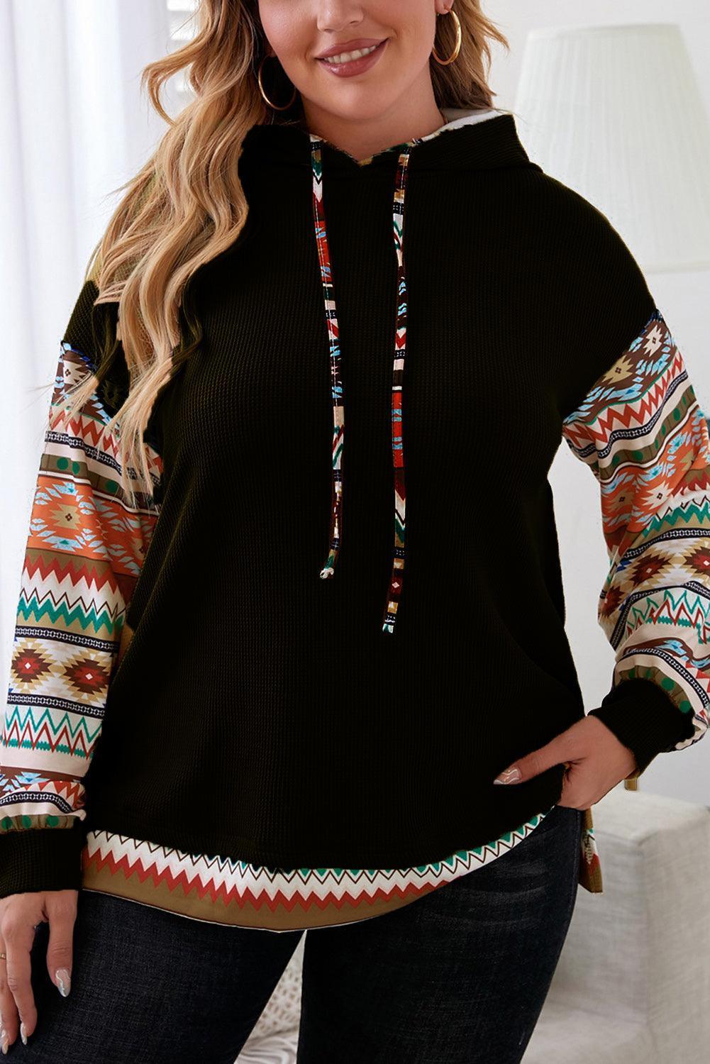 Plus Size Waffle-Knit Geometric Dropped Shoulder Hoodie - ClubOn