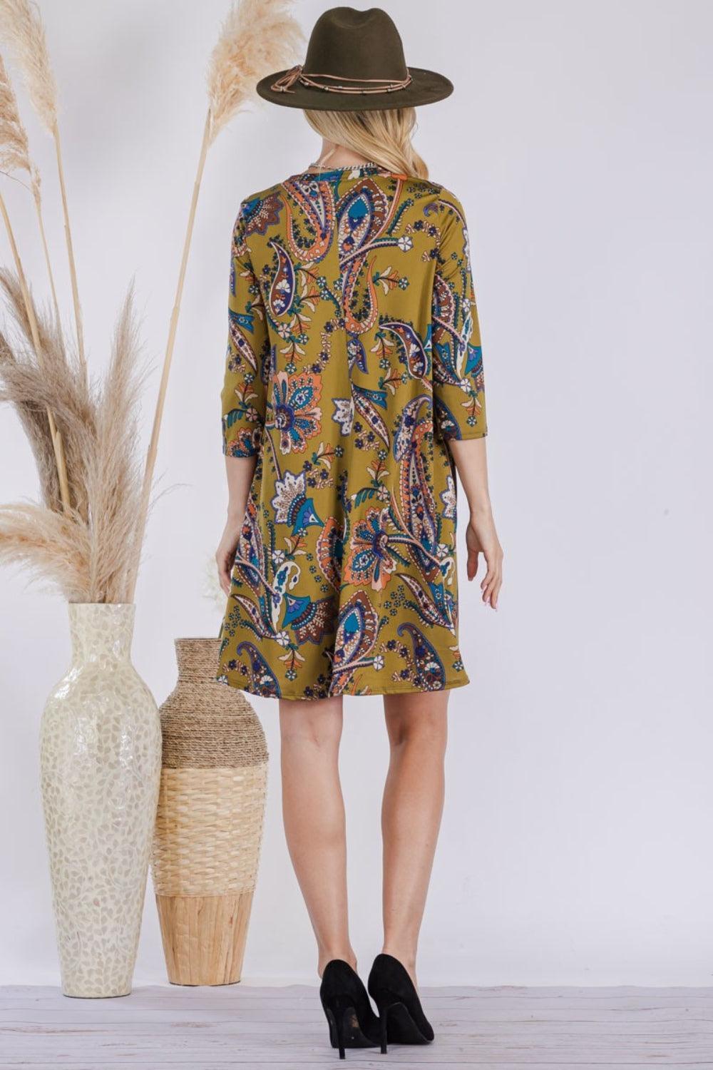 Celeste Full Size Paisley Print Round Neck Dress with Pockets - ClubOn