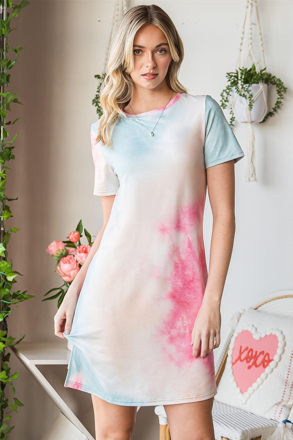 Tie-Dye Round Neck Short Sleeve Slit Dress - ClubOn