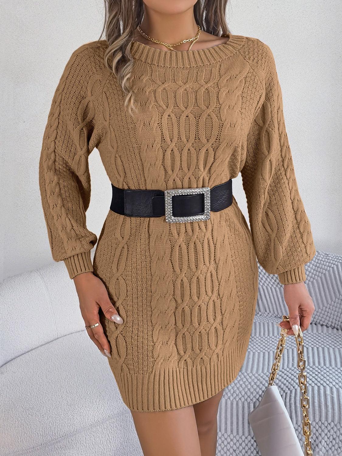 Cable-Knit Round Neck Sweater Dress - ClubOn