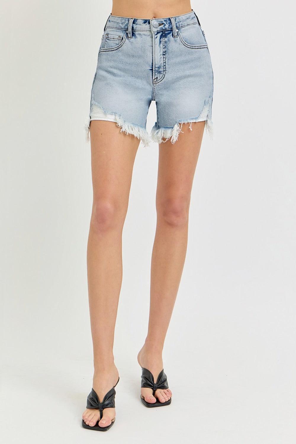 RISEN High Rise Side Step Hem Denim Shorts - ClubOn