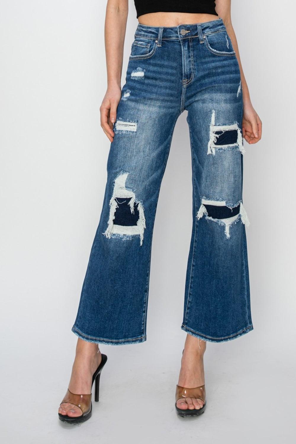 Risen Full Size High Rise Patch Detailed Wide Leg Crop Jeans - ClubOn