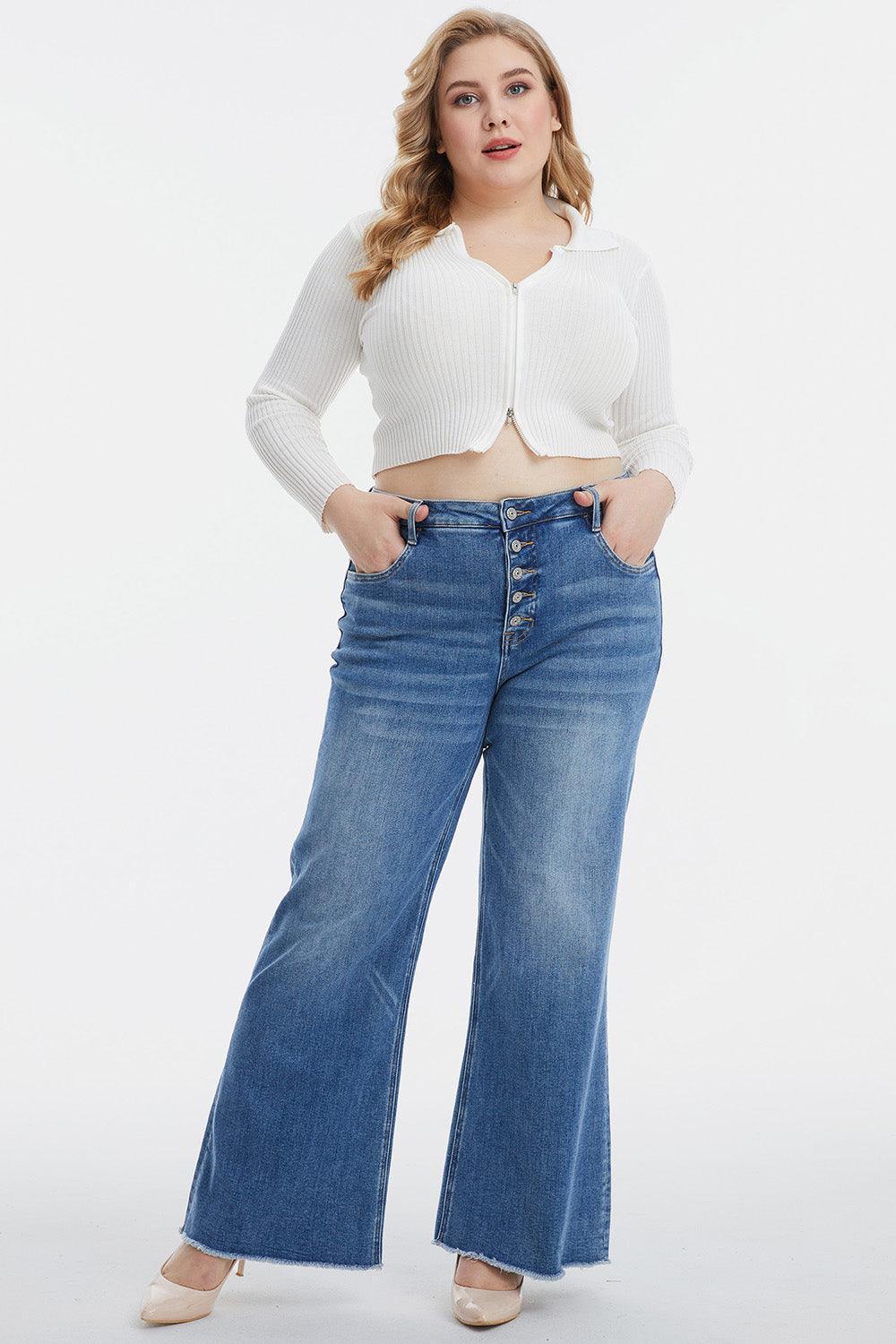 BAYEAS Full Size High Waist Button-Fly Raw Hem Wide Leg Jeans - ClubOn