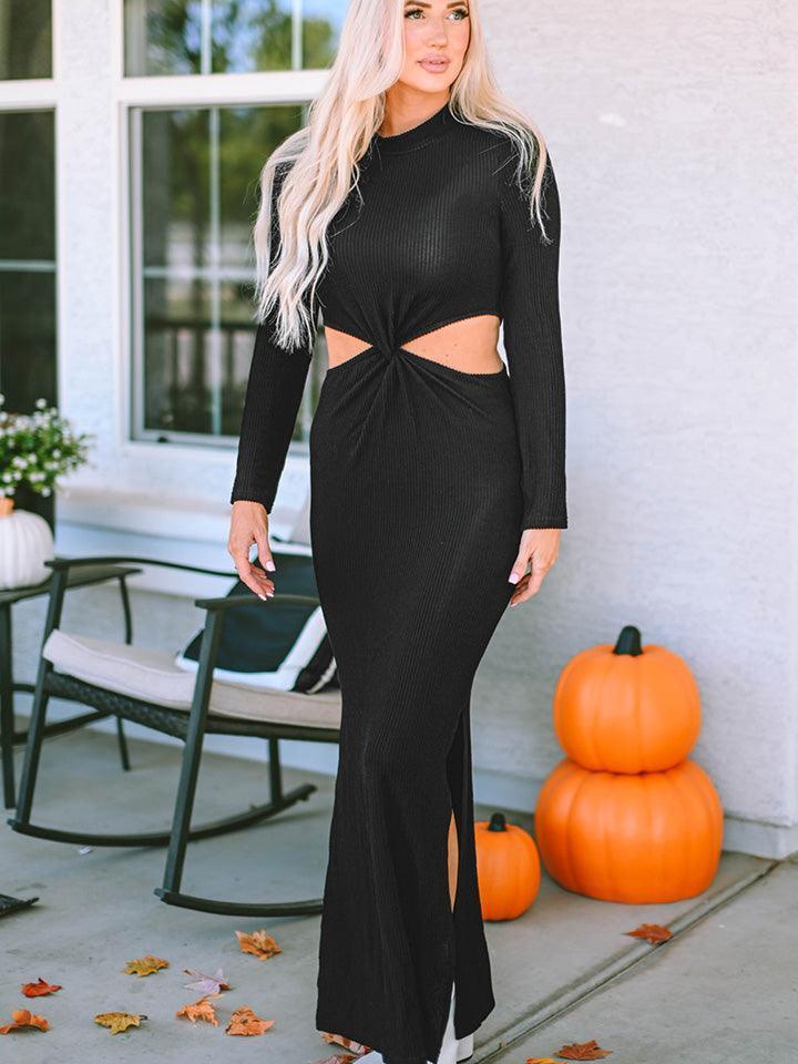 Cutout Round Neck Long Sleeve Slit Maxi Dress - ClubOn