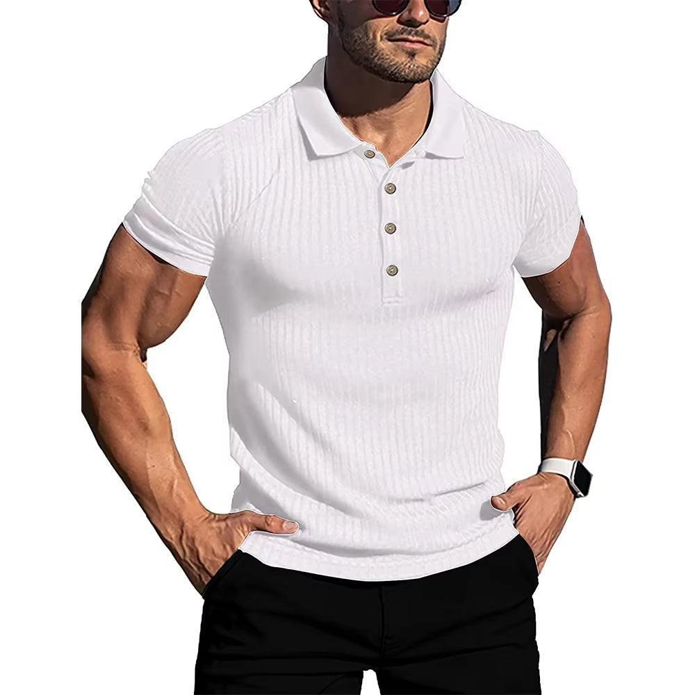 Men's Elastic Short-Sleeved Polo Shirt - Solid Color Striped Fitness Top - ClubOn