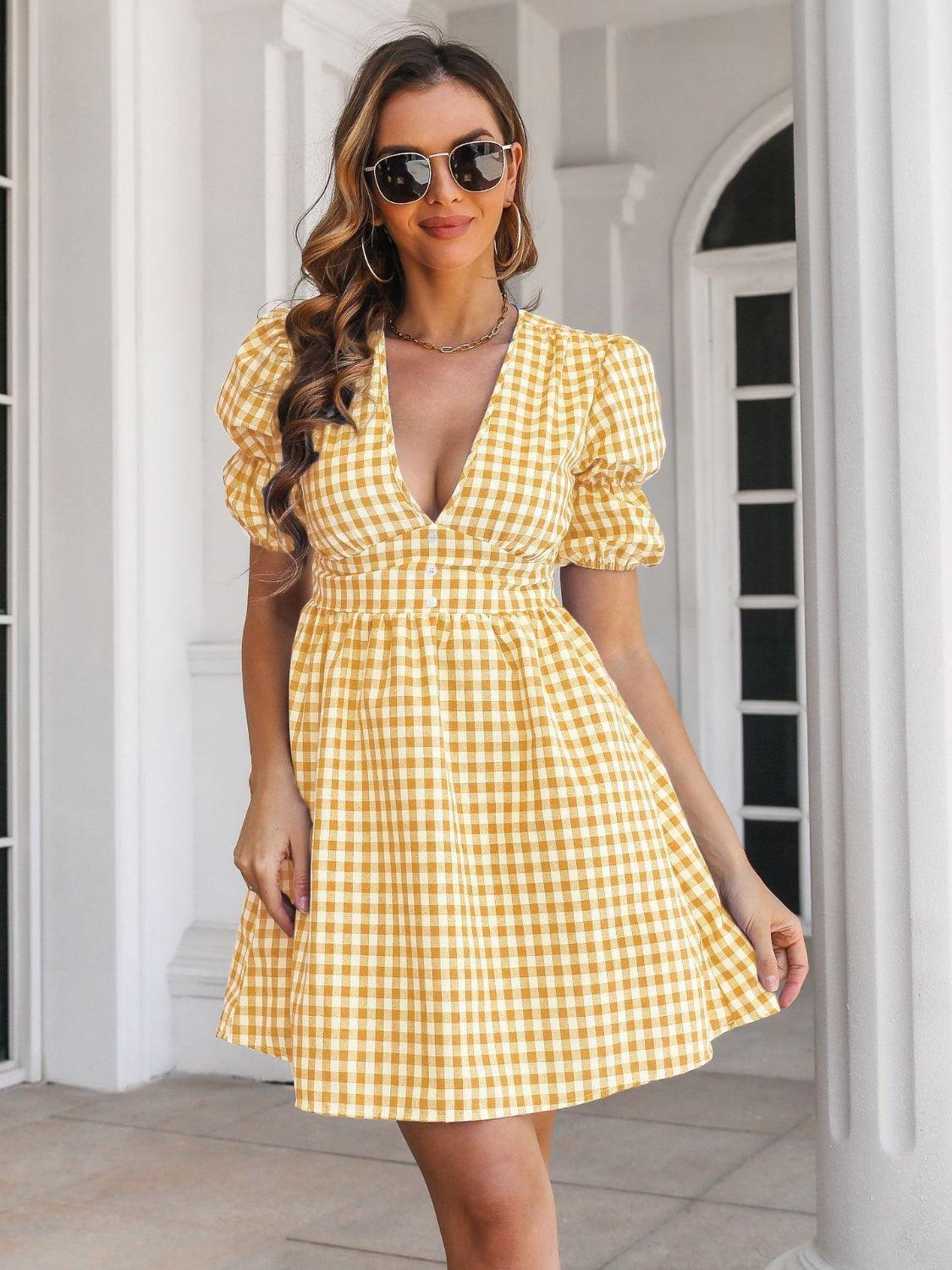 Decorative Button Plaid Short Sleeve Dress - ClubOn