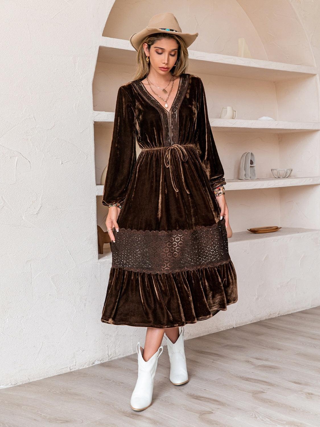 Drawstring V-Neck Crochet Dress - ClubOn