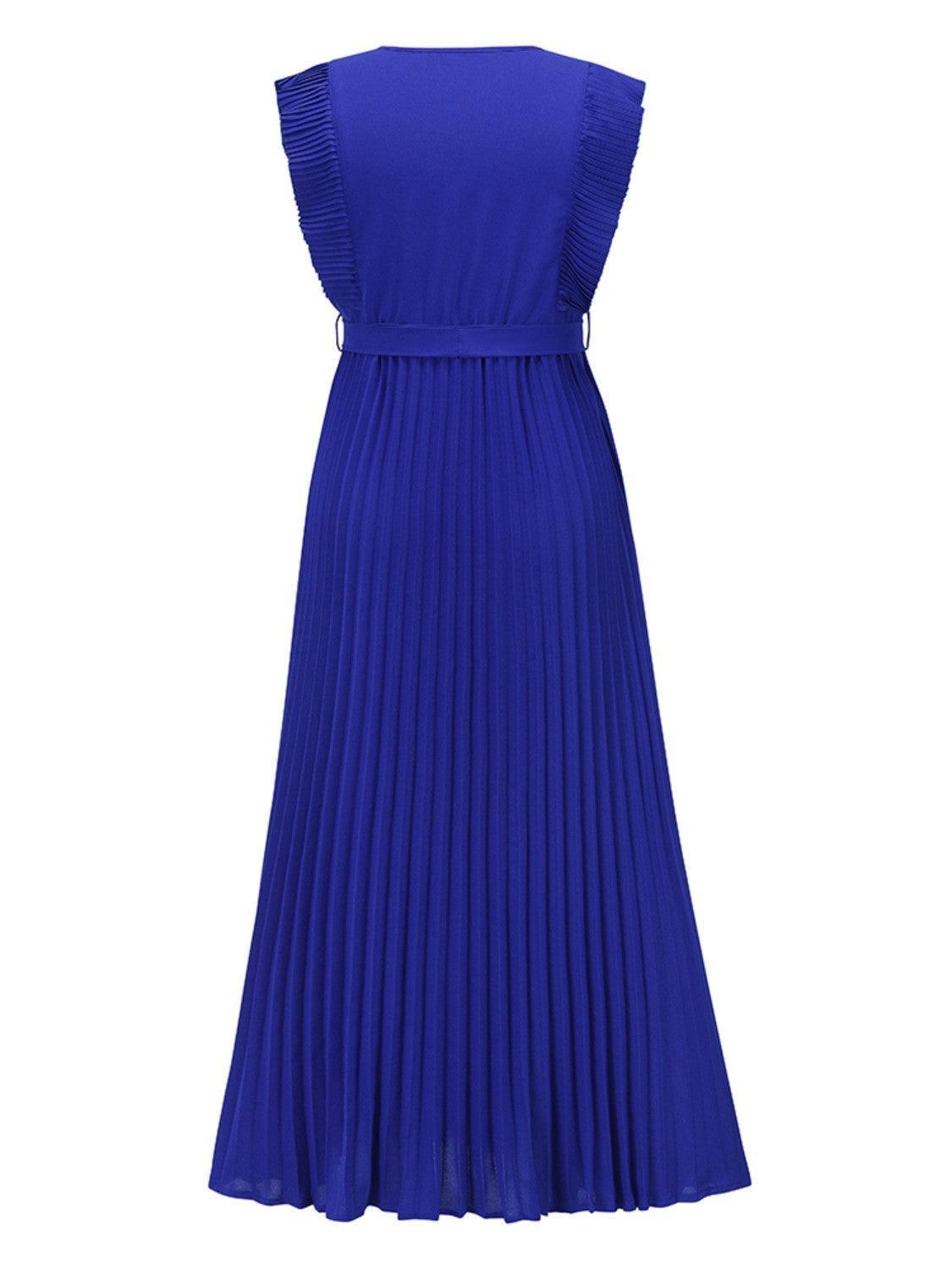 Tied Surplice Cap Sleeve Pleated Dress - ClubOn