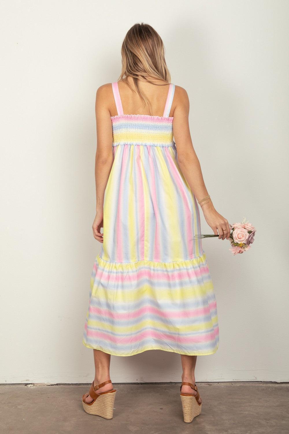 VERY J Striped Woven Smocked Midi Cami Dress - ClubOn