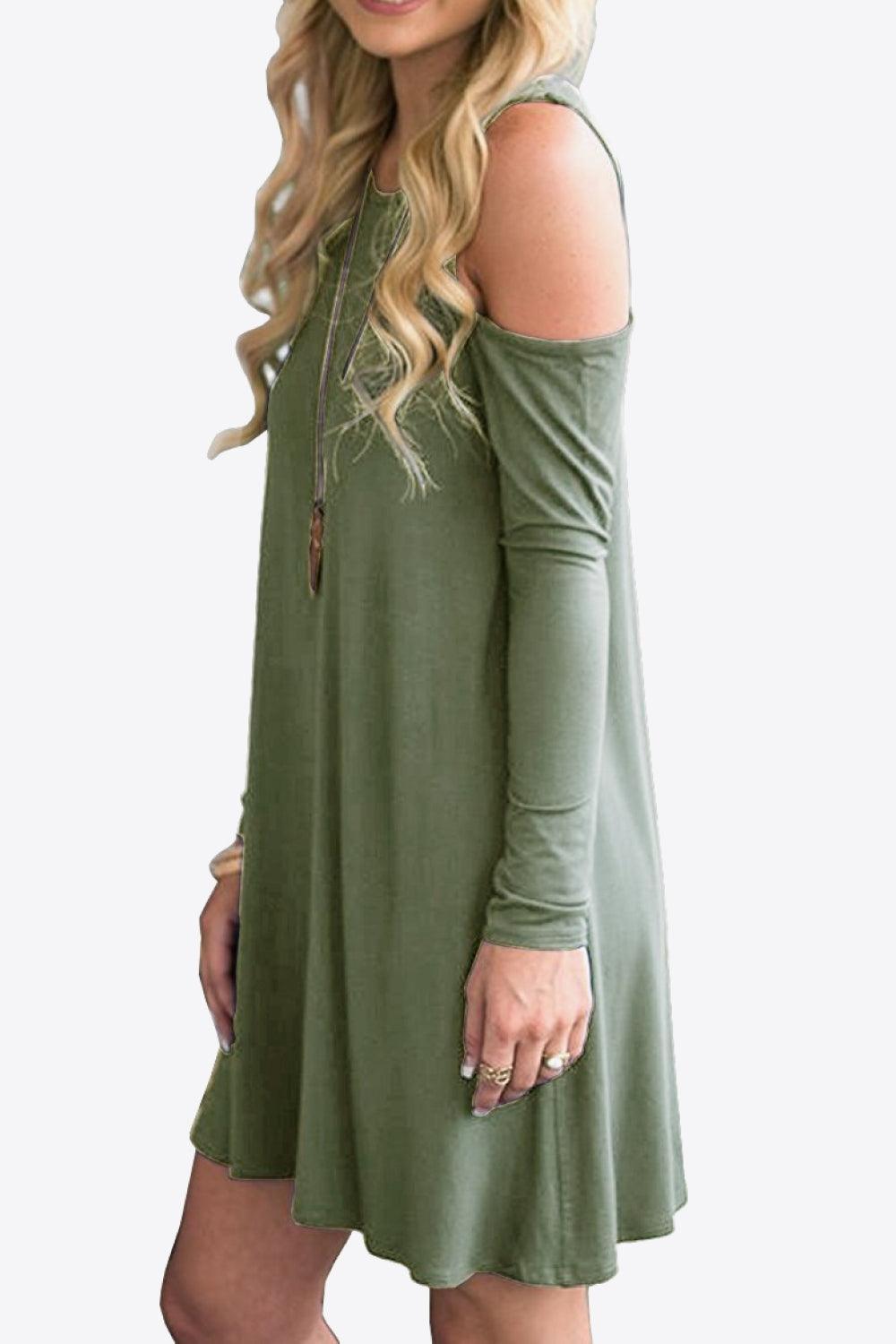 Cold-Shoulder Long Sleeve Round Neck Dress - ClubOn