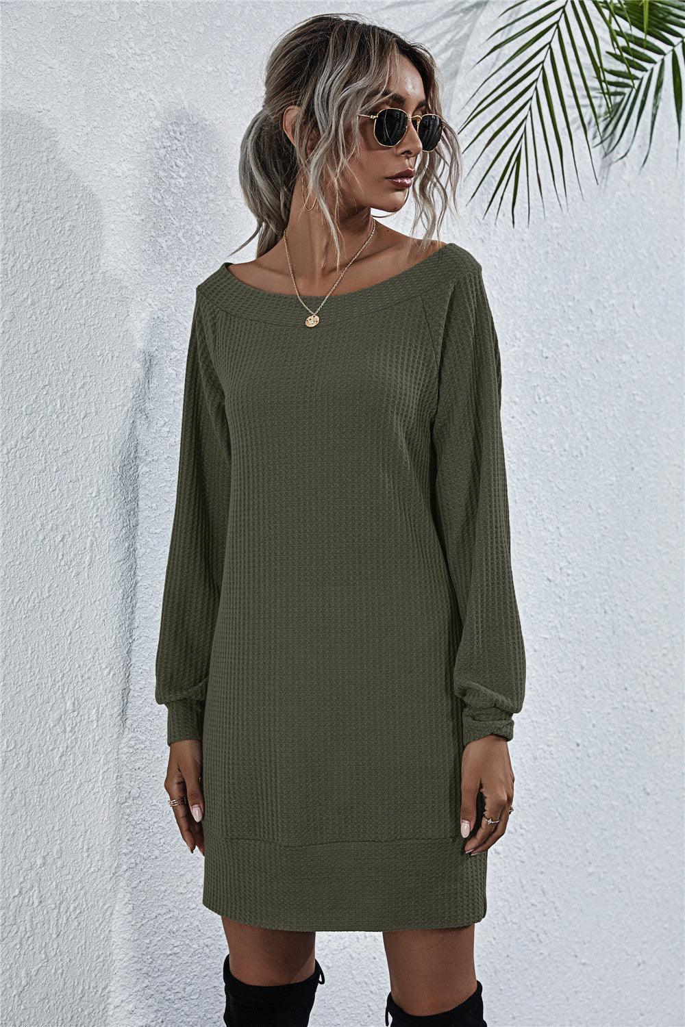 Waffle-Knit Boat Neck Mini Dress - ClubOn