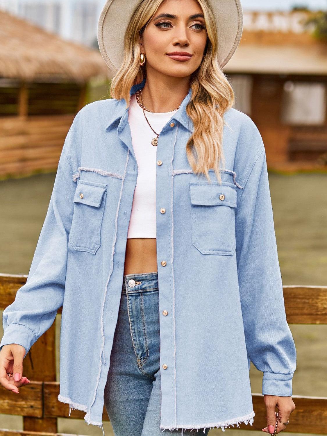 Button Up Collared Neck Raw Hem Denim Top - ClubOn