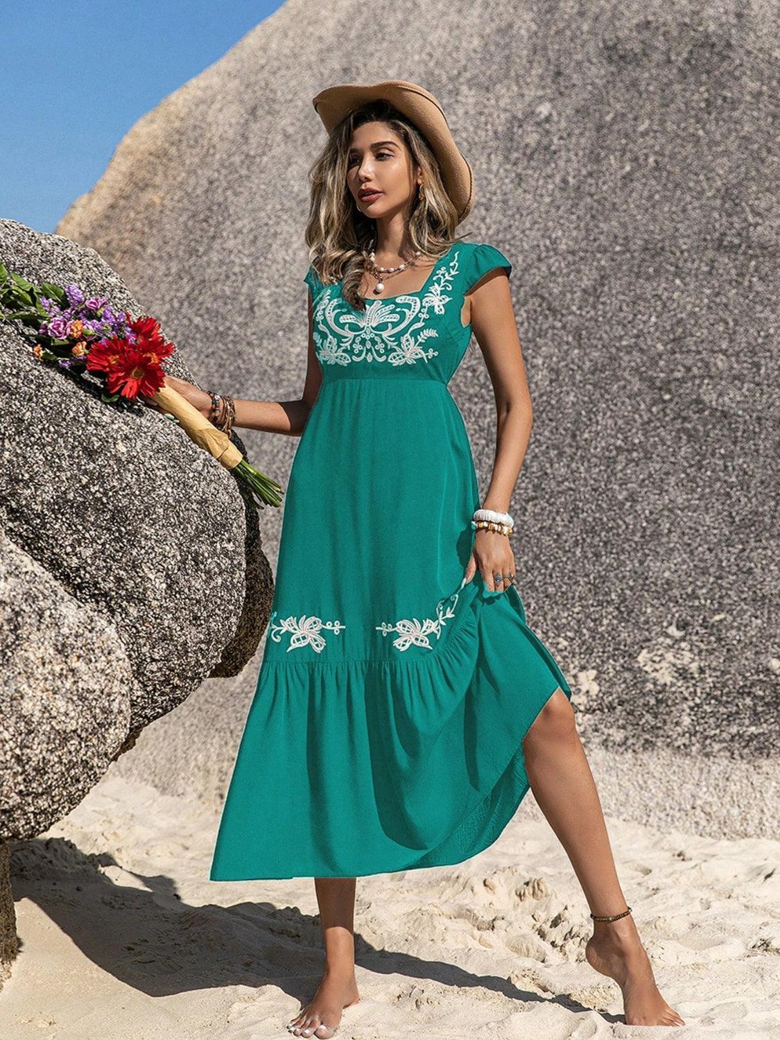 Embroidered Square Neck Cap Sleeve Dress - ClubOn