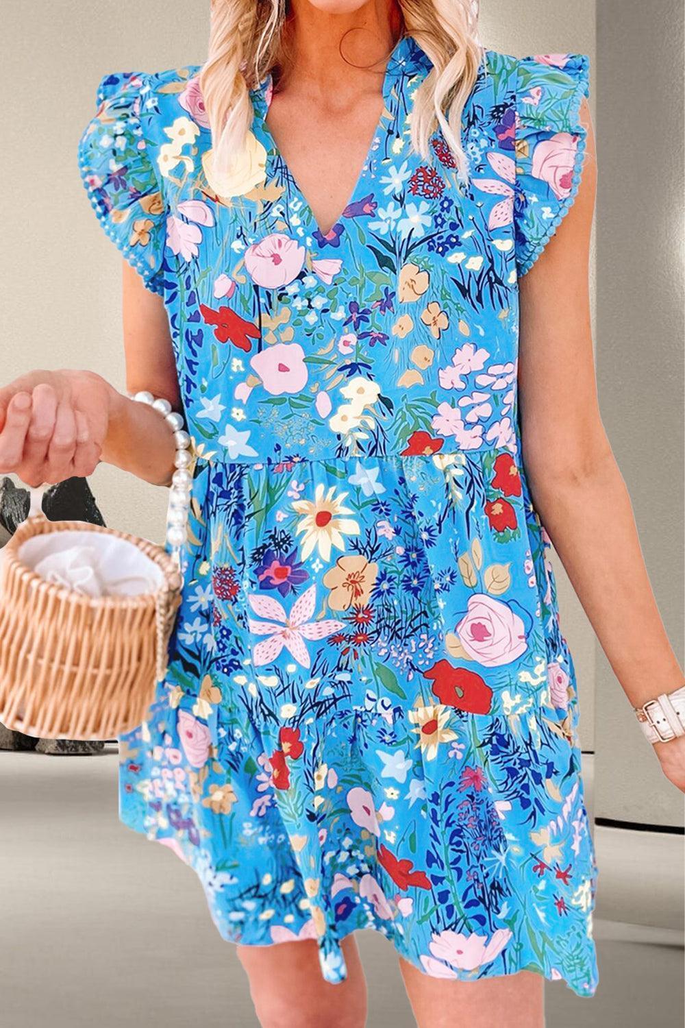 Tiered Floral Cap Sleeve Dress - ClubOn