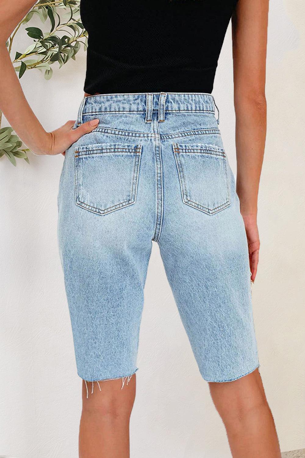 Distressed Pocketed Denim Shorts - ClubOn