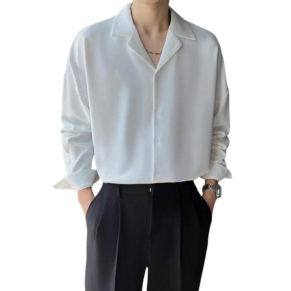 Men's Spring Cuban Neck Shirt - Casual Solid Color Long Sleeve Top - ClubOn