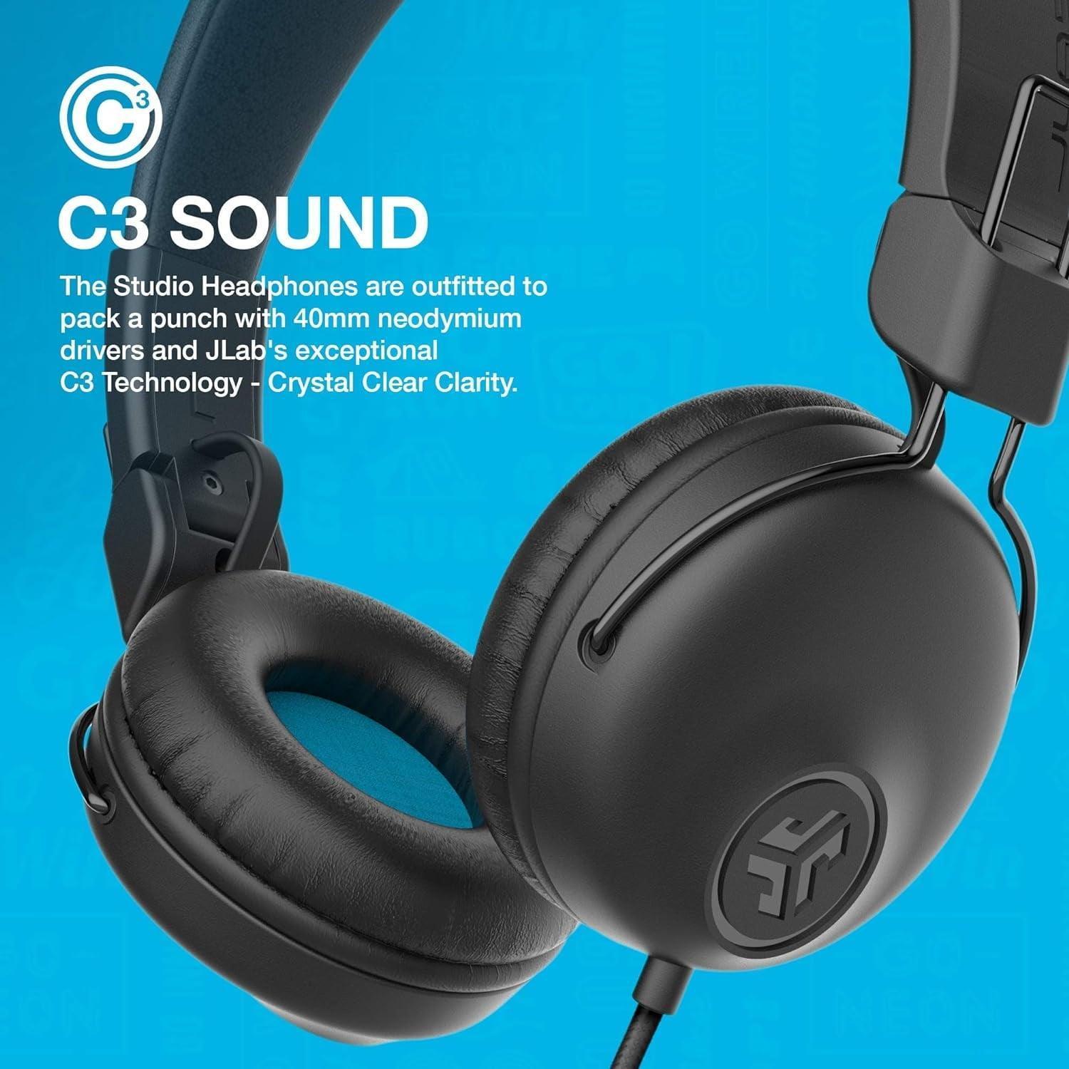 JLab Studio On-Ear Headphones – Wired, Gray/Blue, Tangle-Free Cord, Cloud Foam Cushions, 40mm Drivers, C3 Sound - ClubOn