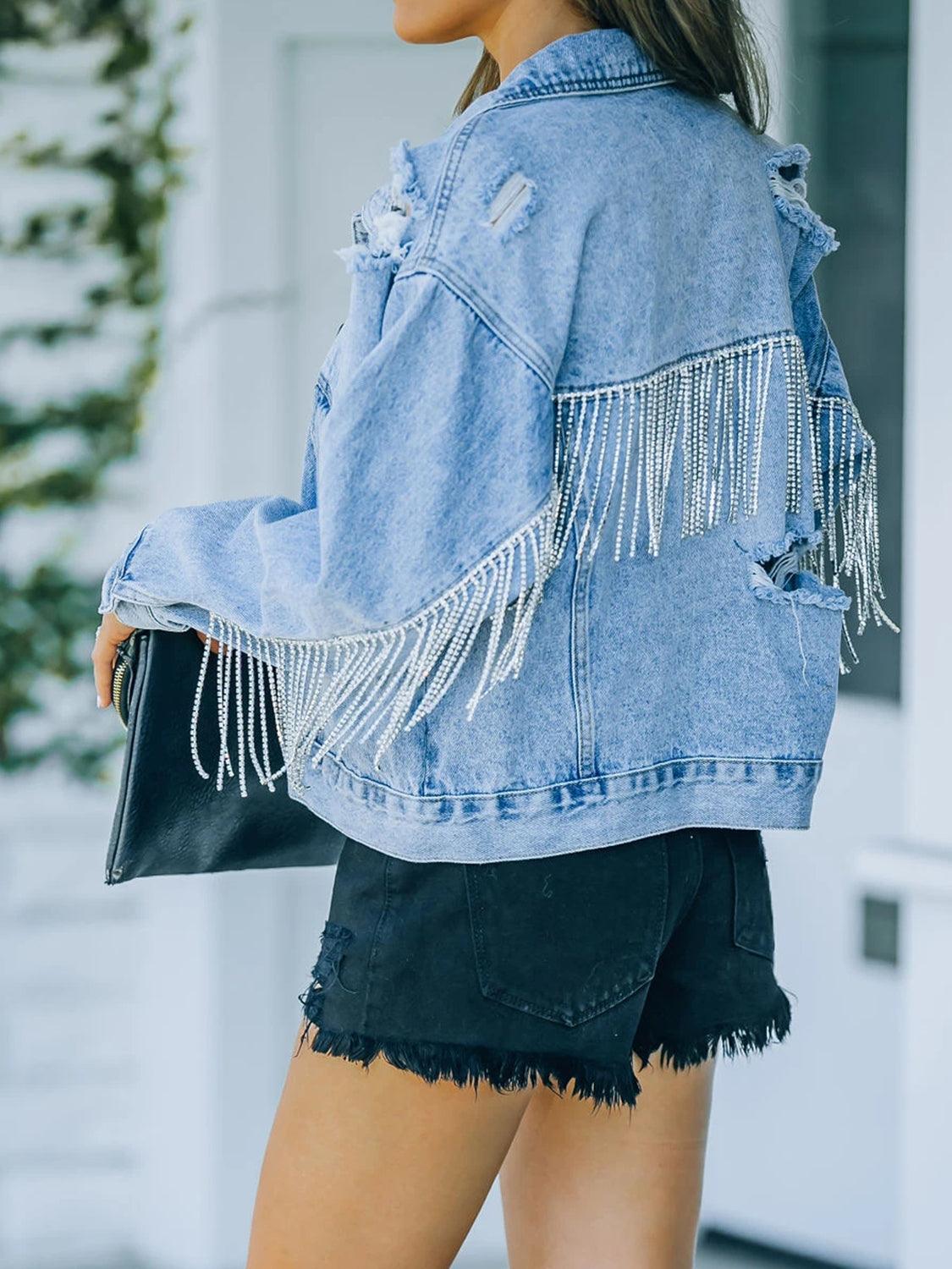 Distressed Fringe Denim Jacket - ClubOn