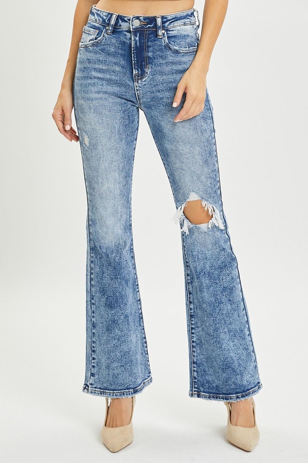 RISEN Full Size High Rise Distressed Flare Jeans - ClubOn