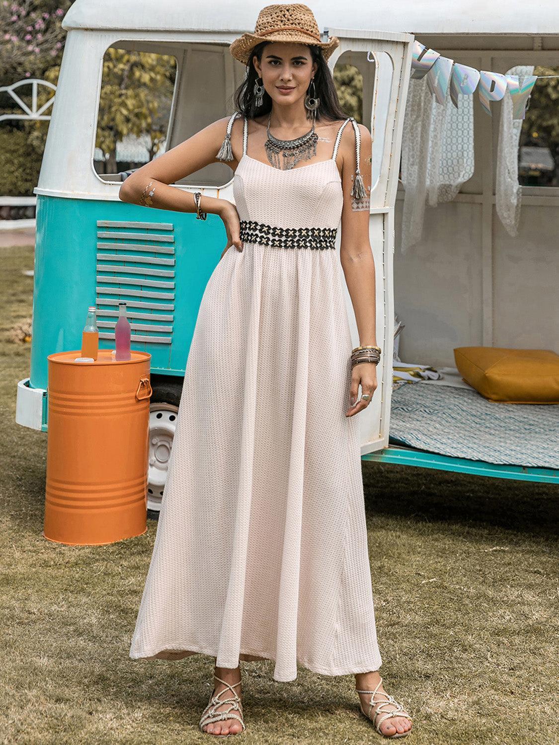 Waffle-Knit Tied Spaghetti Strap Dress - ClubOn