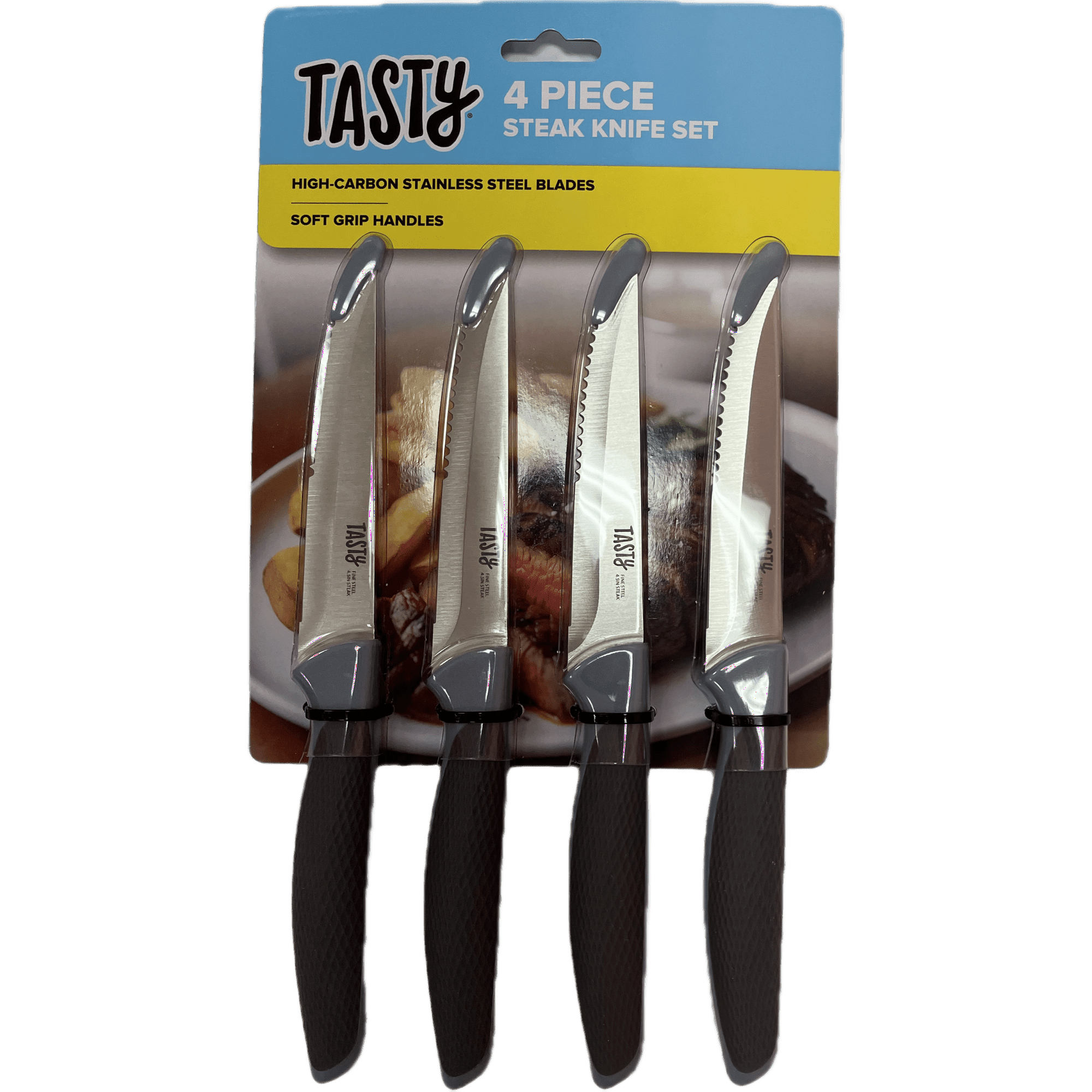 Tasty 4-Piece Stainless Steel Steak Knife Set – Serrated Edge, Blue - ClubOn