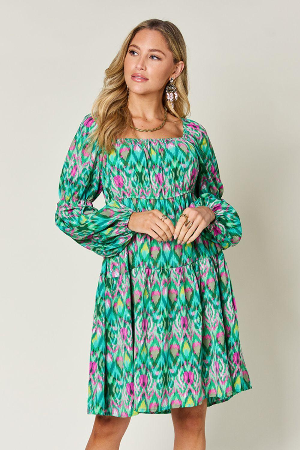 Double Take Full Size Printed Long Sleeve Dress - ClubOn