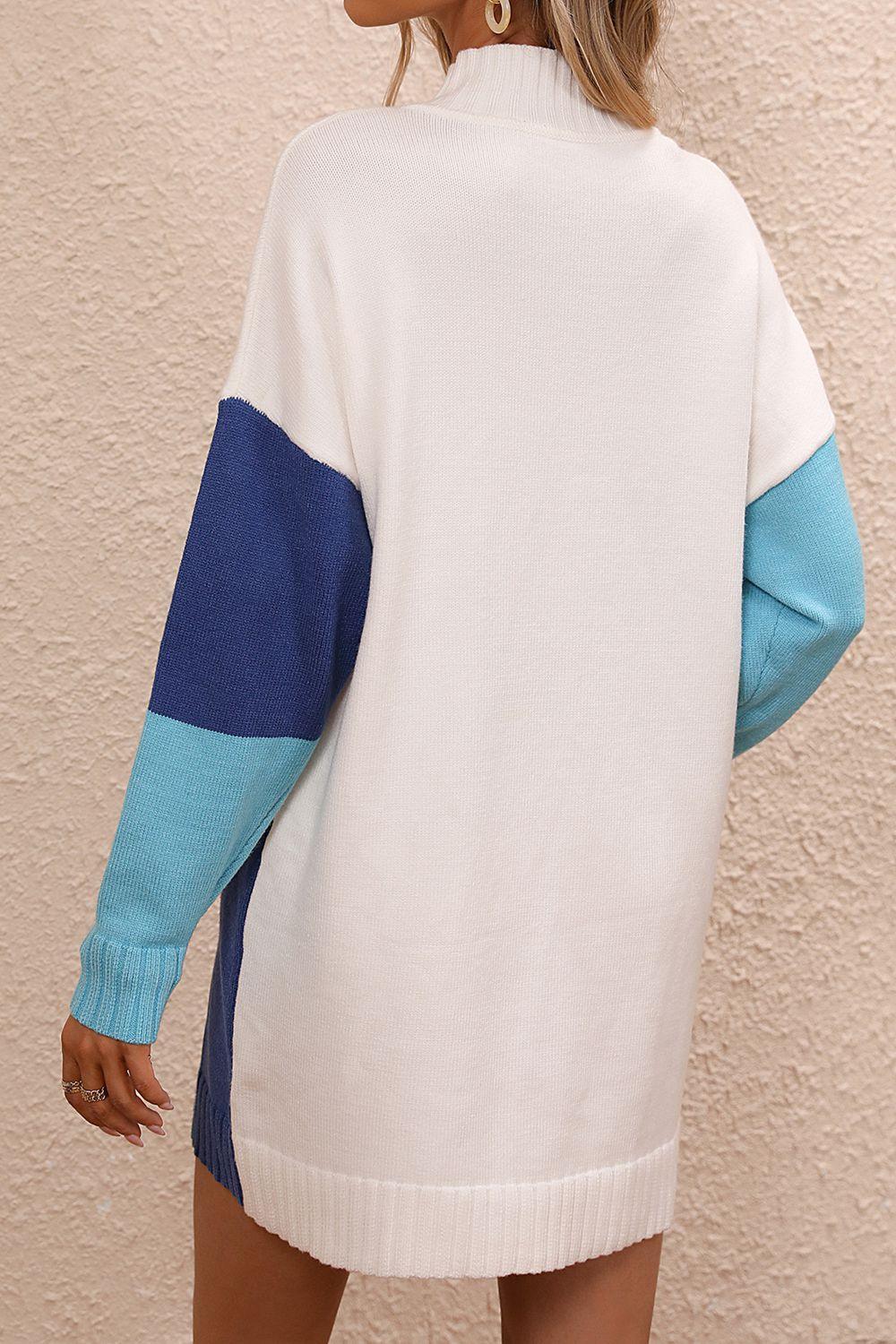 Color Block Mock Neck Dropped Shoulder Sweater Dress - ClubOn
