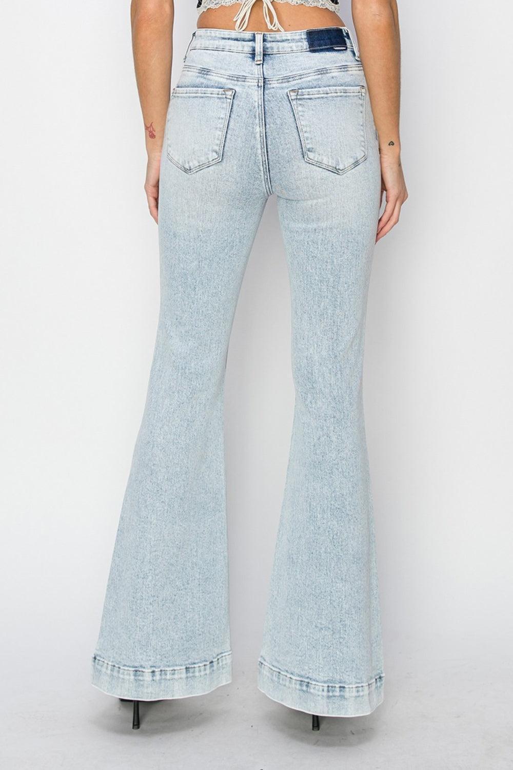 Risen Full Size High Rise Front Patch Pocket Flare Jeans - ClubOn