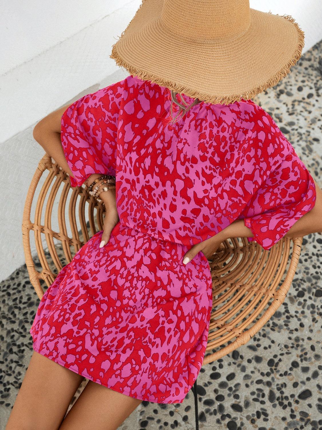 Tied Printed Mock Neck Mini Dress - ClubOn