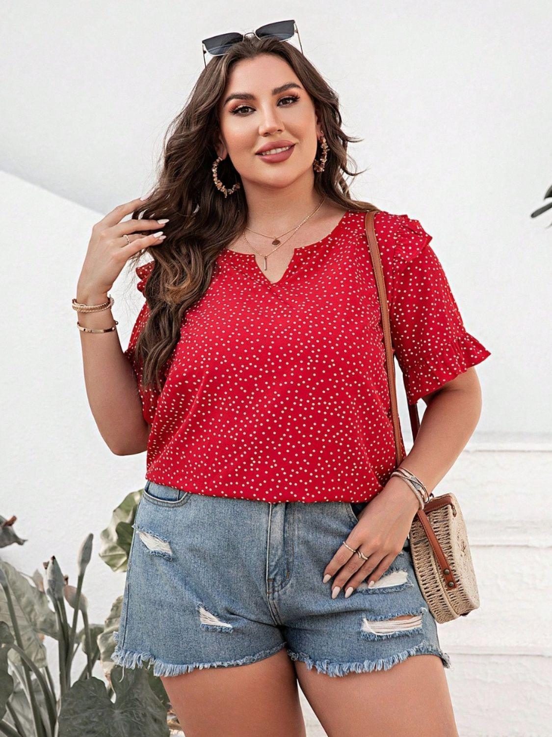 Plus Size Polka Dot Notched Flounce Sleeve Blouse - ClubOn