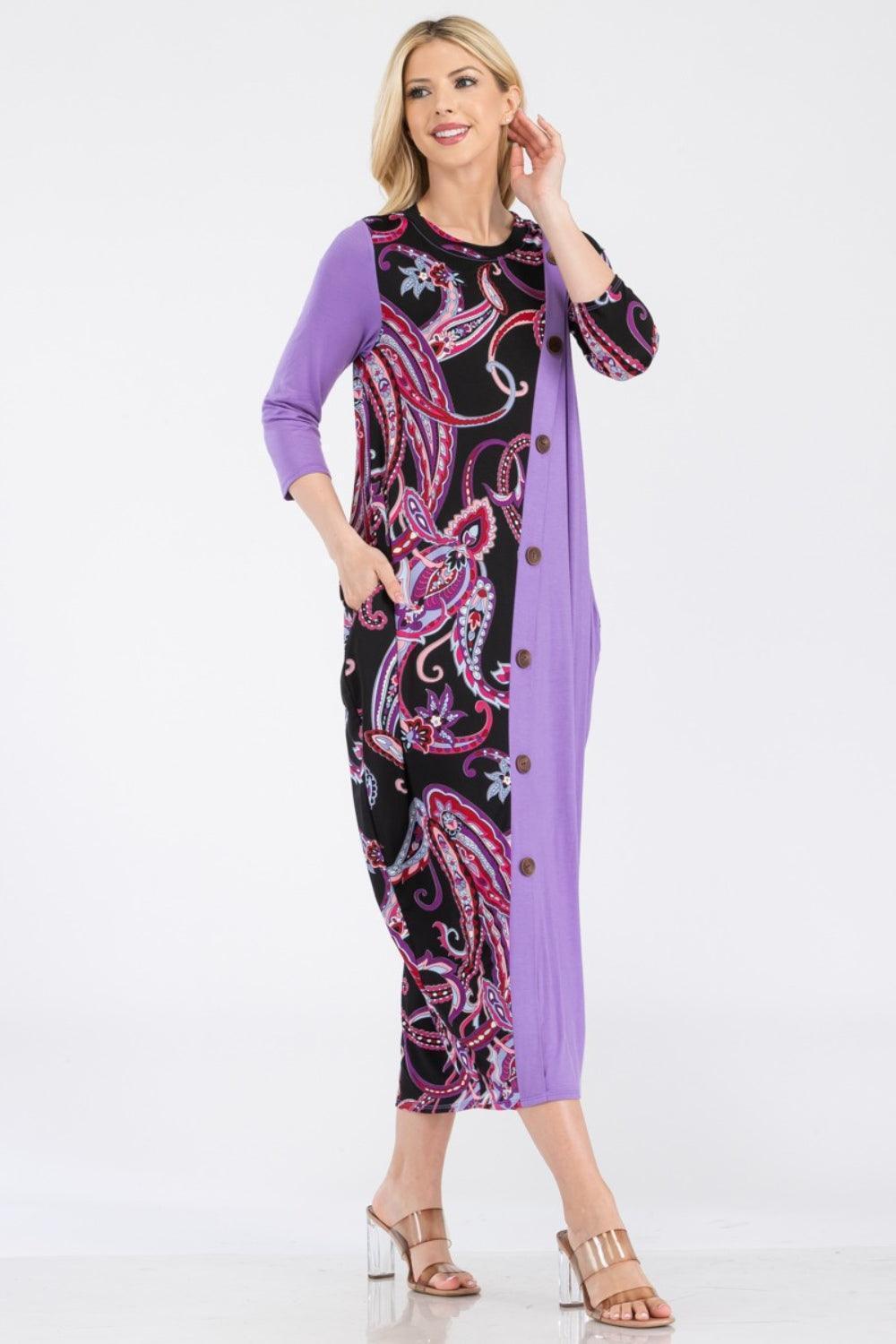 Celeste Full Size Paisley Contrast Midi Dress with Pockets - ClubOn