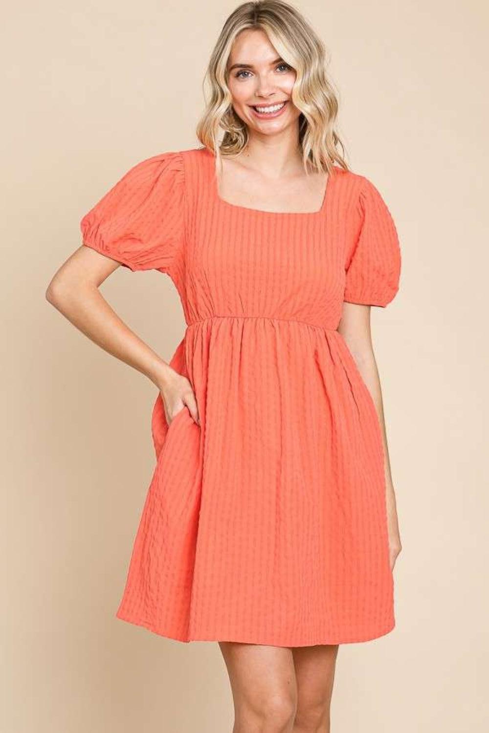 Culture Code Textured Square Neck Short Sleeve Dress - ClubOn