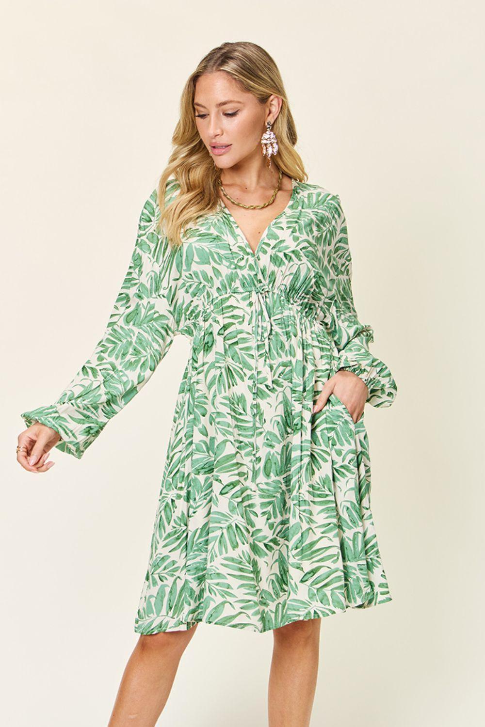 Double Take Full Size Printed Ruched Balloon Sleeve Dress - ClubOn