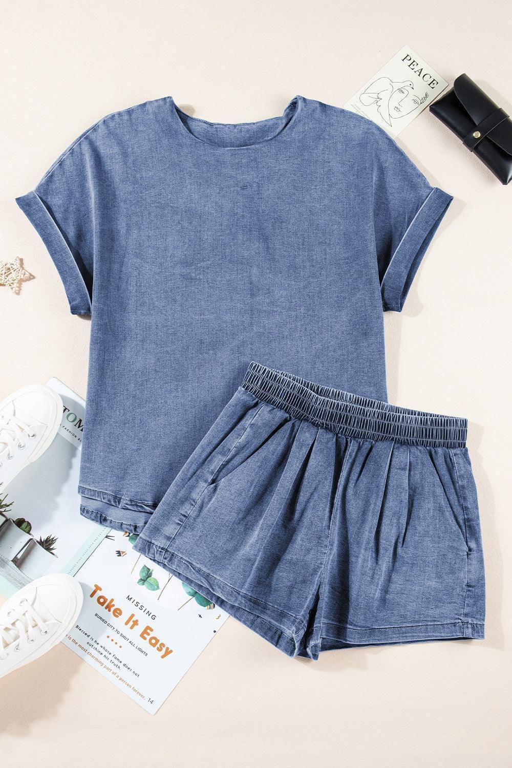 Round Neck Short Sleeve Top and Shorts Denim Set - ClubOn