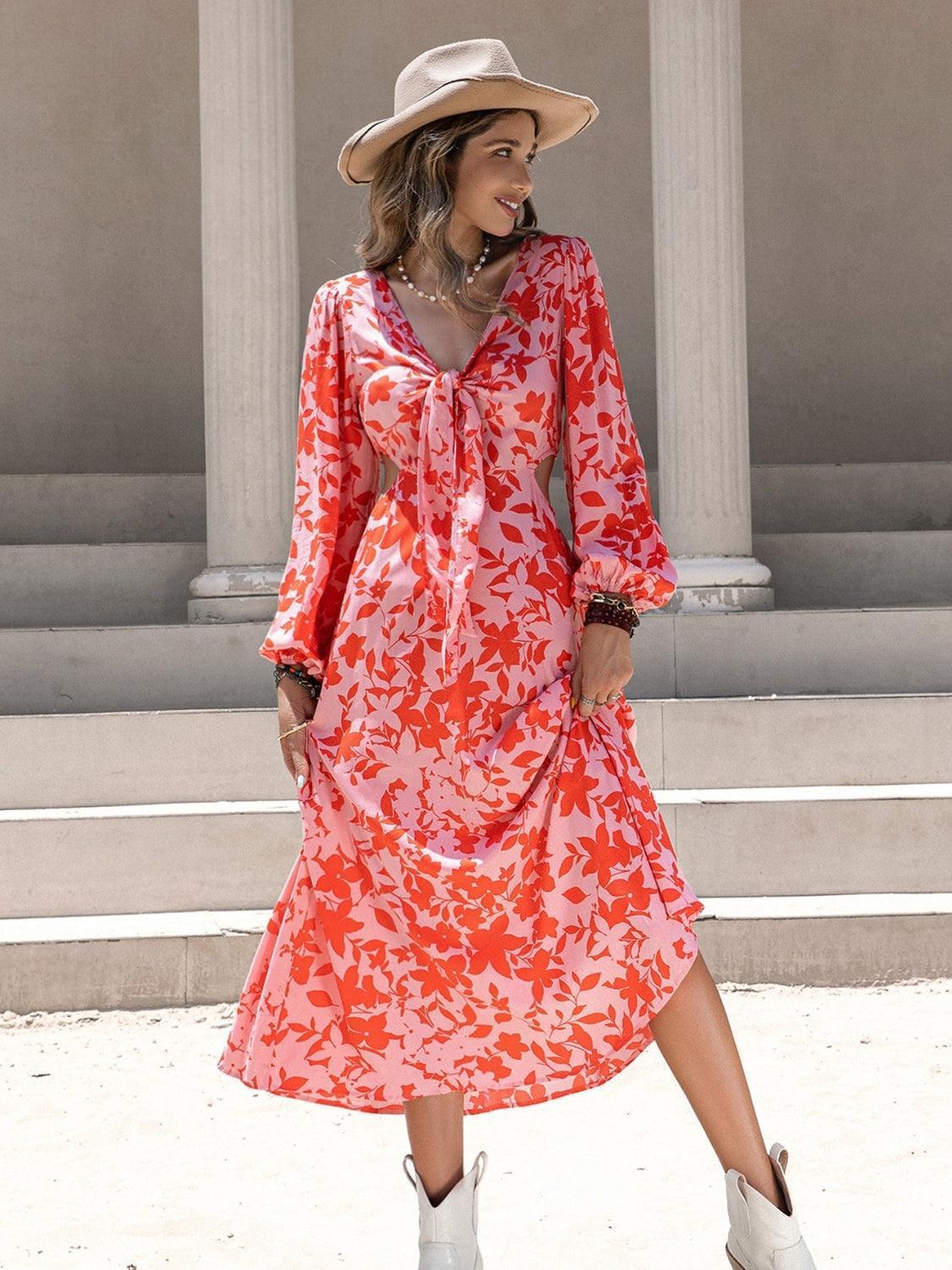 Tied Cutout Printed Long Sleeve Midi Dress - ClubOn